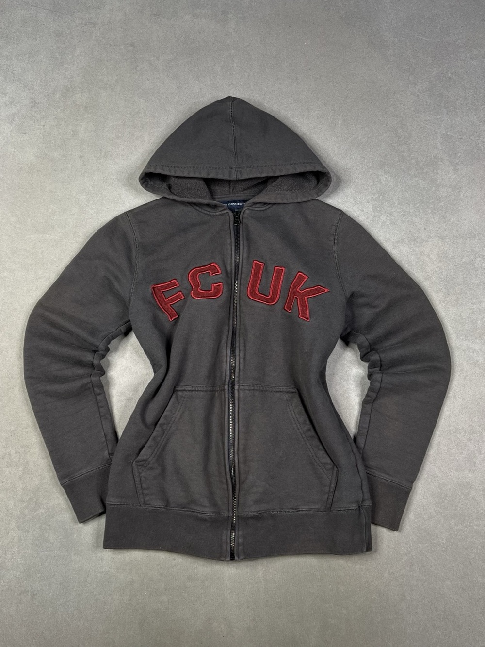 French Connection FCUK Logo Zip-Up Hoodie Gray & Red XS Y2K